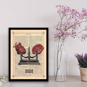 Quadro Coração E Cerebro Na Balança 24x18cm:Madeira preta