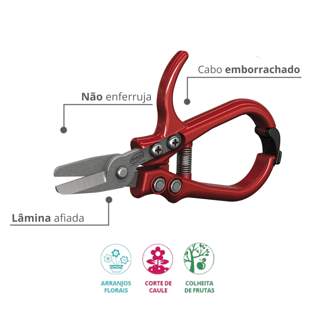 Tesoura de Poda Curta 5.1/2" Aço Inox Cabo Emborrada Vermelho Durín - 2