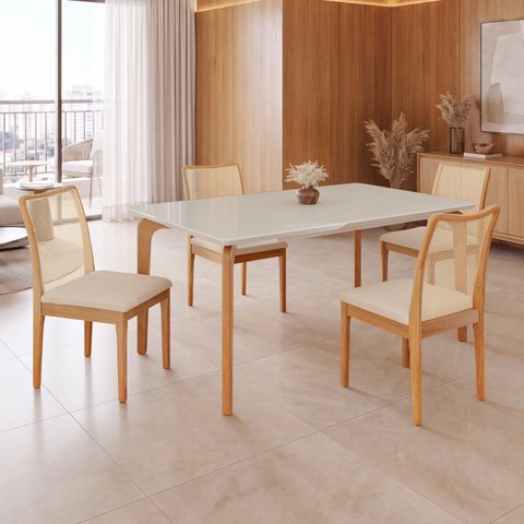 Conjunto Sala de Jantar Mesa 160x90cm Madeira e MDF com Vidro e 4 Cadeiras Madeira Maciça Londres