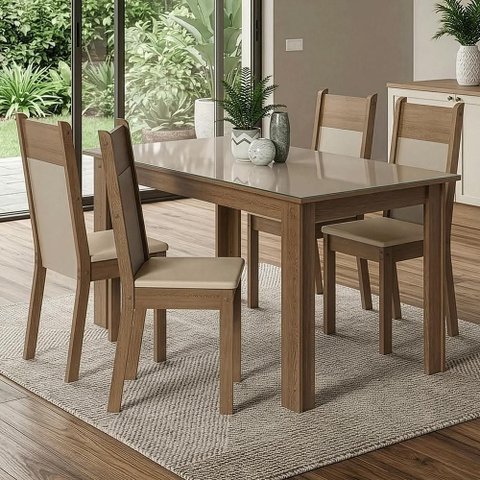 Conjunto Sala de Jantar Canela Mesa Tampo de Vidro 4 Cadeiras Rustic/Crema/Sintético Bege Madesa