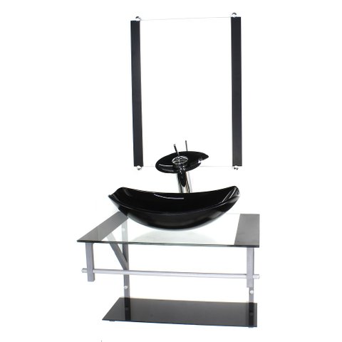 GABINETE DE VIDRO PARA BANHEIRO 60CM AC CUBA OVAL CHANFRADA PRETO COM TORNEIRA CASCATA