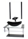 Ver imagem 1 de GABINETE DE VIDRO PARA BANHEIRO 60CM AC CUBA OVAL CHANFRADA PRETO COM TORNEIRA CASCATA