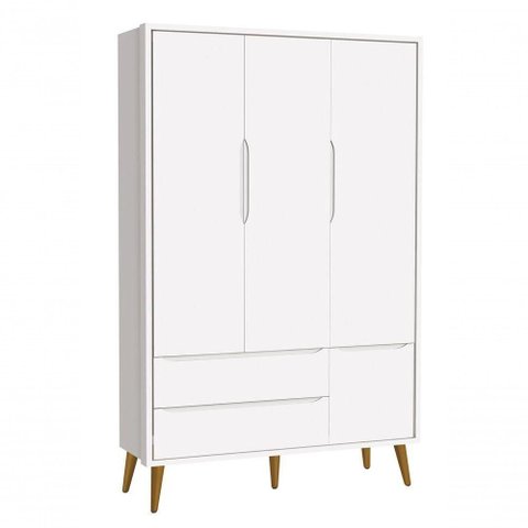 Guarda-roupa Retrô 3 Portas Théo New Branco Fosco com Madeira - Moveisaqui