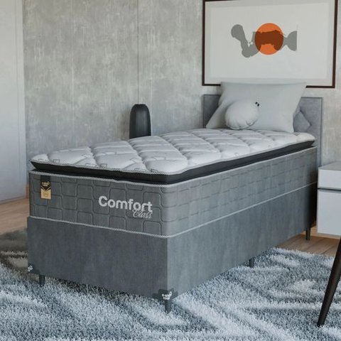 Cama Box Solteiro + Colchão Comfort Class Pillow Top 88x188 Cinza/suede Cinza