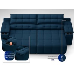 Sofá com Porta Copos e Carregador USB Retrátil e Reclinável Samurai 2,00m Velosuede Petróleo - - 2