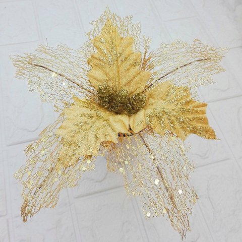 Flores Ramos Árvore Natal com Gliter Dourado 22cm Kit 12pçs