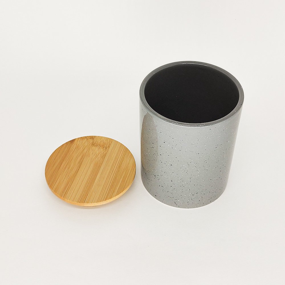 Pote Cerâmica Granilite com Tampa Bambu Cinza 10x13cm - Lyor - 3