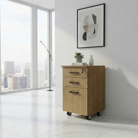 Gaveteiro Arquivo 3 Gavetas 45,8cm com Rodízio e Chave Tampo 25mm Office Marrom/Amêndoa/Preto