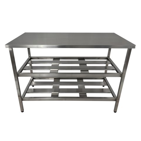 Mesa Aço Inox Industrial 130x70x90 Cm Prateleiro Duplo Fenestrado Nortinox