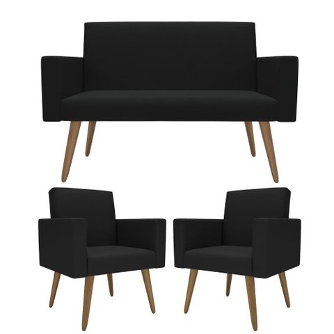 Kit Sófa 2 Lugares e 2 Poltronas para Sala de Estar Recepção Preto