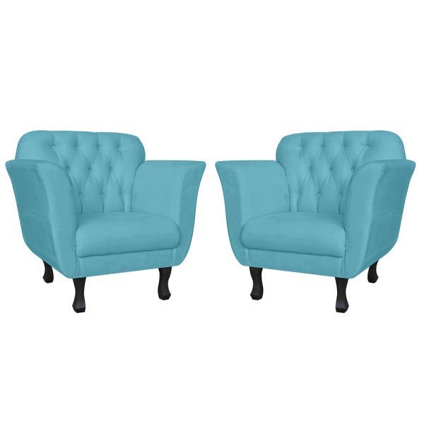 Kit 2 Poltronas Decorativas Pés Luís Xv Suede Azul Turquesa - Ds Estofados - 1