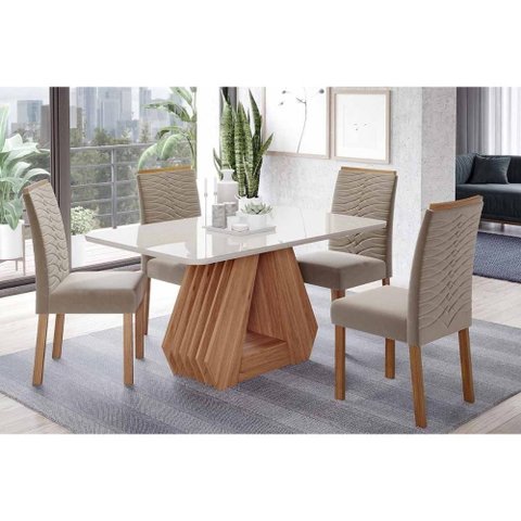 Conjunto: Mesa Sala Jantar Ágata Tampo Madeirado C/ Vidro 130x80cm e 4 Cadeiras Clarice Cinamomo/