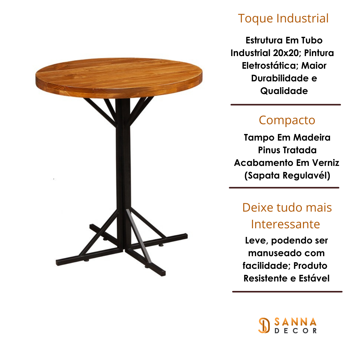 Mesa Redondo Estilo Industrial Em Aço e Madeira Maciça - 2