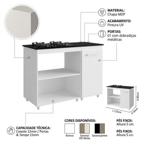 Balcão Cooktop Sara 115cm para Cozinha Espaço Microondas Armário