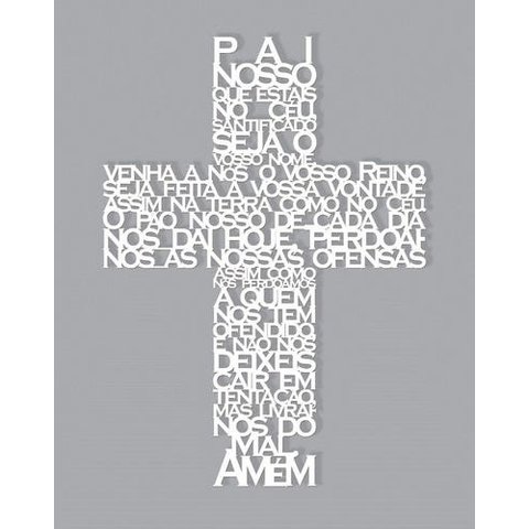 Pai Nosso Cruz 60x43cm LETTERING em Madeira Mdf Aplique de Parede - Branco - Preto
