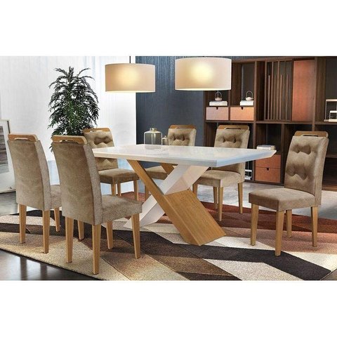 Conjunto: Mesa Sala Jantar Imperatriz C/ Tampo Madeirado Canto Reto 180cm + 6 Cadeiras Imperatriz