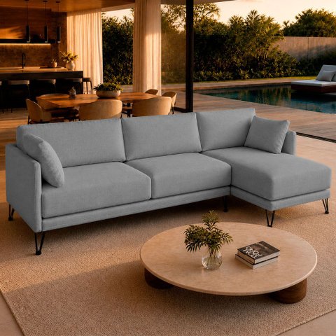 Sofá Sala de Estar Atena Chaise Direito Pés de Ferro 284cm 5 Lugares Bouclê Cinza M1 - Monari Design