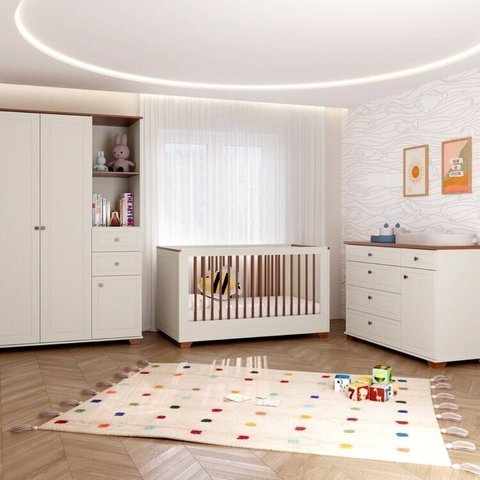 Quarto de Bebê com Berço, Colchão, Cômoda e Guarda-Roupa Baby Ananda Casatema MadeiraOriginals Bege