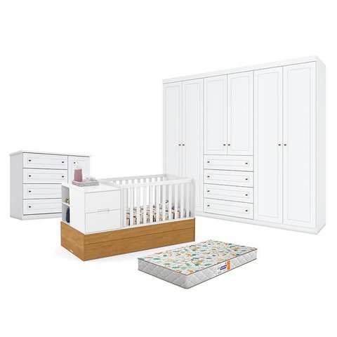 Quarto de Bebê Americano 6 Portas Com berço Americano Multifuncional Formare Branco Freijó - Matic e