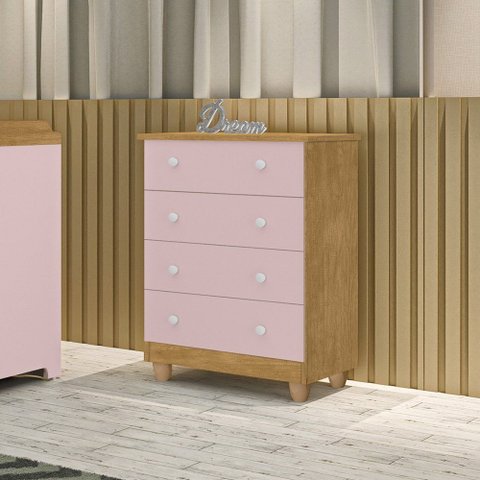 Cômoda Lara 4 Gavetas MDF Nature Rose Infantil Organizador Quarto Menina Criança Moderno Compacta