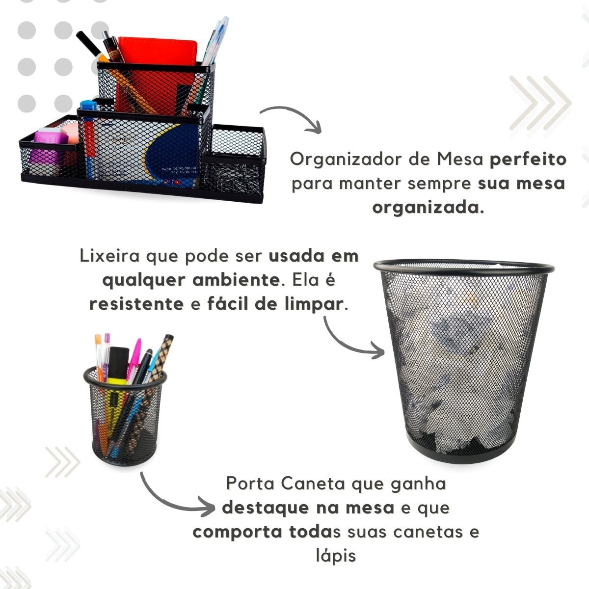 Kit Organizador, Porta Caneta e Lixeira Preto Escritório - 2