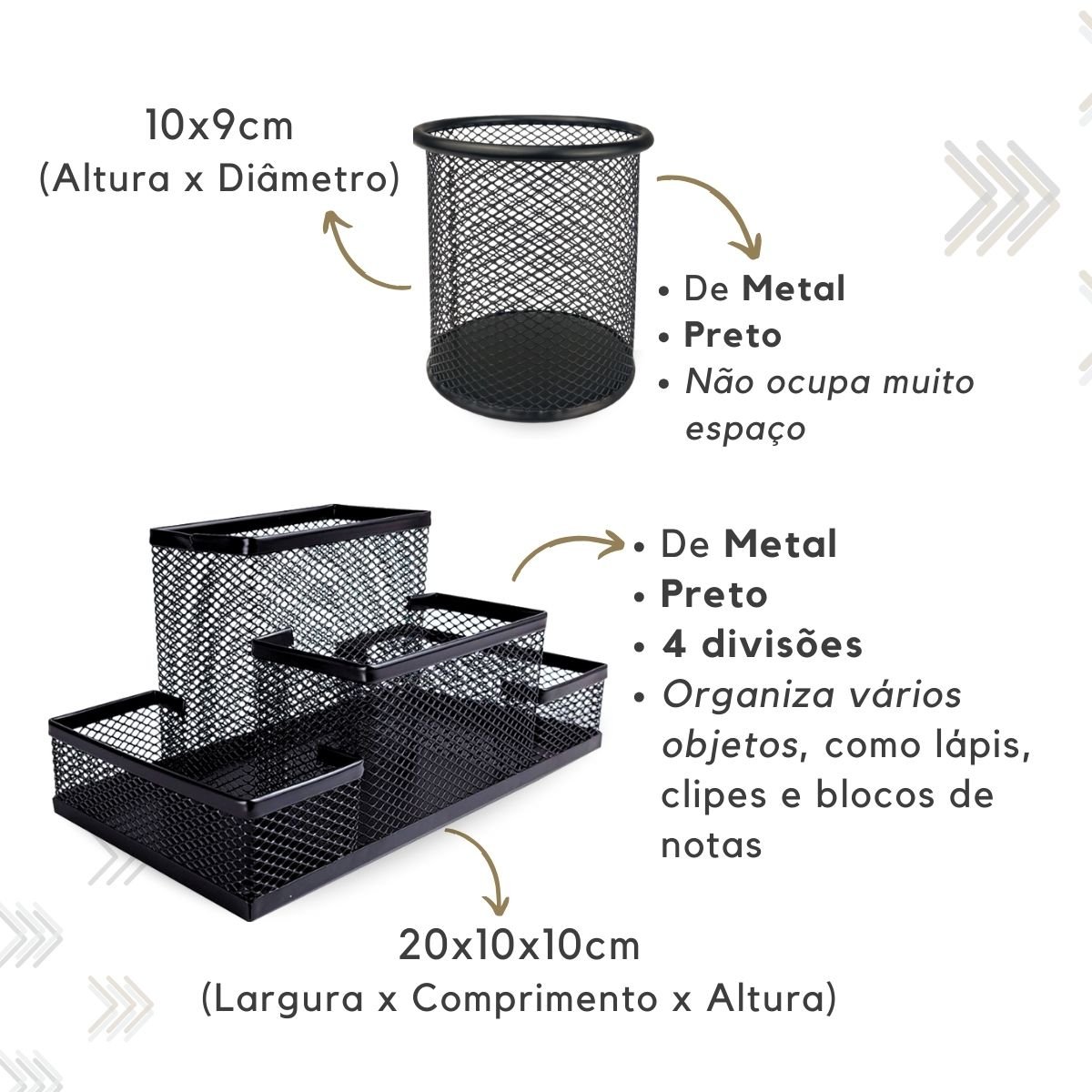 Kit Organizador, Porta Caneta e Lixeira Preto Escritório - 4