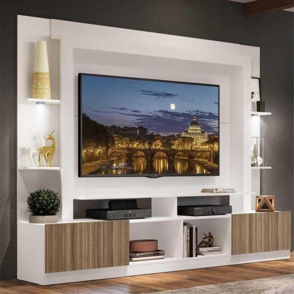 Rack Estante TV 65 Polegadas com Leds Berlim Multimóveis Branco/Madeirado - 1