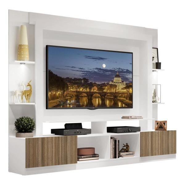 Rack Estante TV 65 Polegadas com Leds Berlim Multimóveis Branco/Madeirado - 2