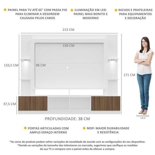 Rack Estante TV 65 Polegadas com Leds Berlim Multimóveis Branco/Madeirado - 3