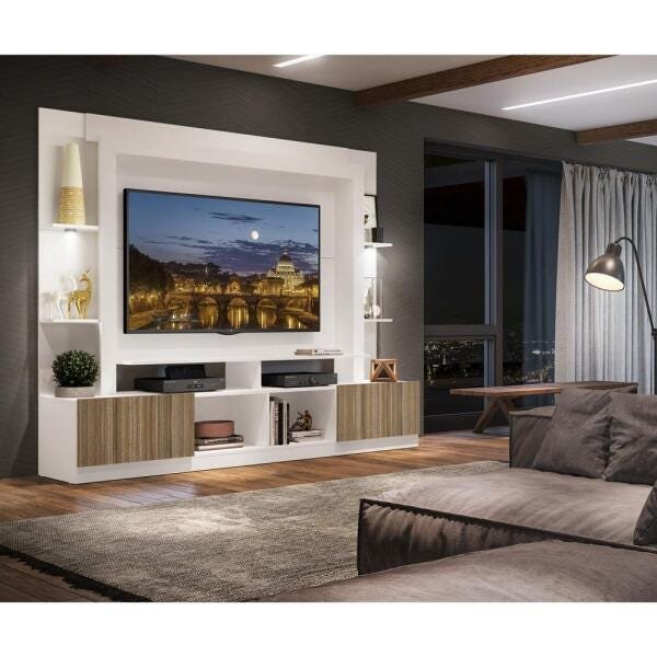 Rack Estante TV 65 Polegadas com Leds Berlim Multimóveis Branco/Madeirado - 7