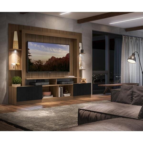 Rack Estante para TV até 65 Polegadas com Leds Berlim Multimóveis Madeirado/Preto - 7