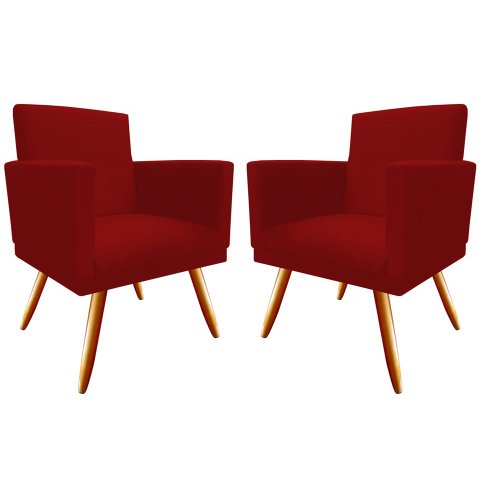 Kit 2 Poltronas Decorativa Nina Suede Vermelho Pés Madeira Mz Decor