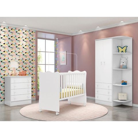 Quarto de Bebê Completo Berço com Rodízio Guarda-Roupa Cômoda Doce Sonho Branco