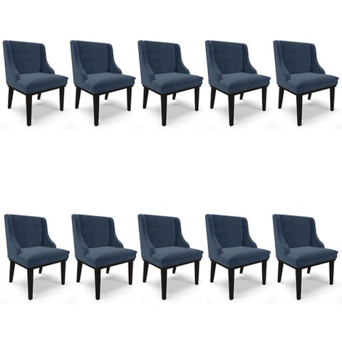 Kit 10 Cadeiras Estofadas para Sala de Jantar Base Fixa de Madeira Preto Lia Suede Azul Marinho - Ib