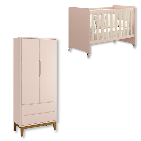 Quarto de Bebê Berço Evolution + Guarda Roupa 2 Portas Rosa