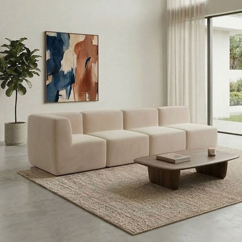 Sofá a Vácuo Modular Boucle Kit 4 Peças 3 Meios + 1 Canto Espuma Premium Sala na Caixa 3,08m - Marfi