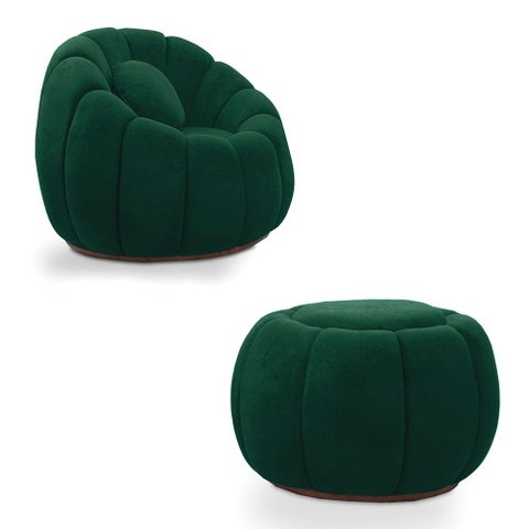 Poltrona Decorativa Orgânica Giratória com Puff Cloud Bouclê Verde E03 - D’Rossi