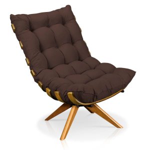 Poltrona Giratória Costela Suede Marrom Base Madeira Ma25 - D'Rossi