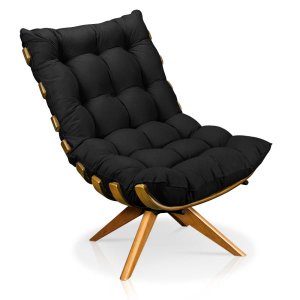 Poltrona Giratória Costela Suede Preto Base Madeira Ma25 - D'Rossi
