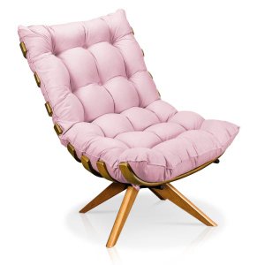 Poltrona Giratória Costela Suede Rosa Bebê Base Madeira Ma25 - D'Rossi