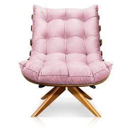 Poltrona Giratória Costela Suede Rosa Bebê Base Madeira Ma25 - D'Rossi - 3