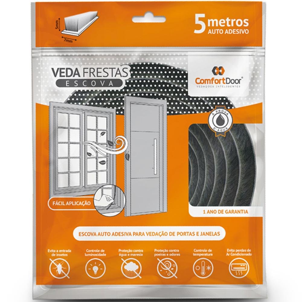 Kit 2 Veda Frestas Escova Portas e Janelas em Fita Adesiva 5 Metros 10x5mm ‎comfort Door Cinza - 6