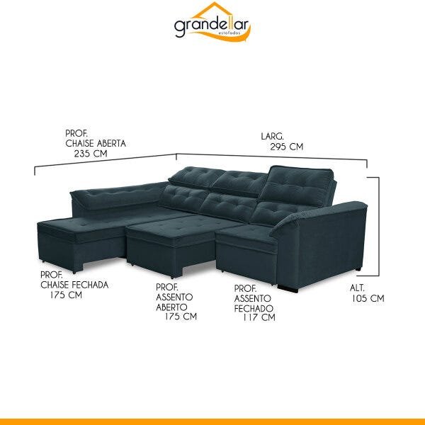 Sofá Canto Chaise e Retrátil 2,95M x 2,35M Mola Bonnel Pillow D28 Dallas Veludo Azul - Grandellar - 3