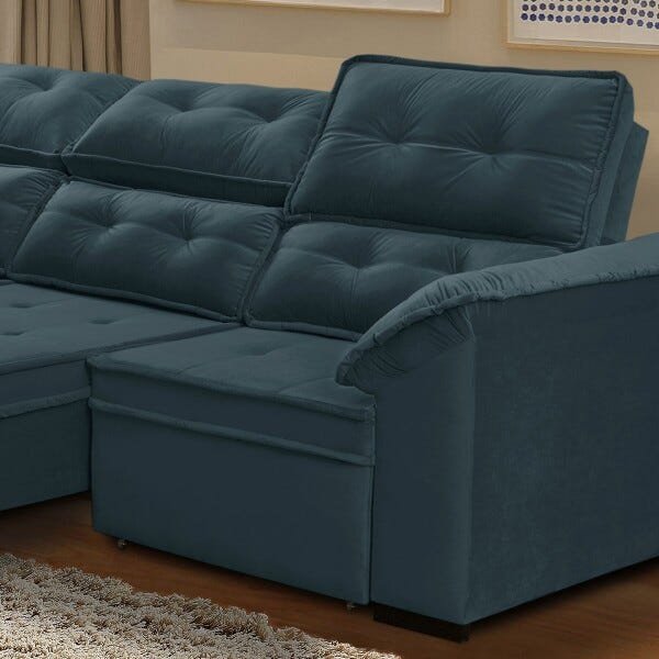 Sofá Canto Chaise e Retrátil 2,95M x 2,35M Mola Bonnel Pillow D28 Dallas Veludo Azul - Grandellar - 2