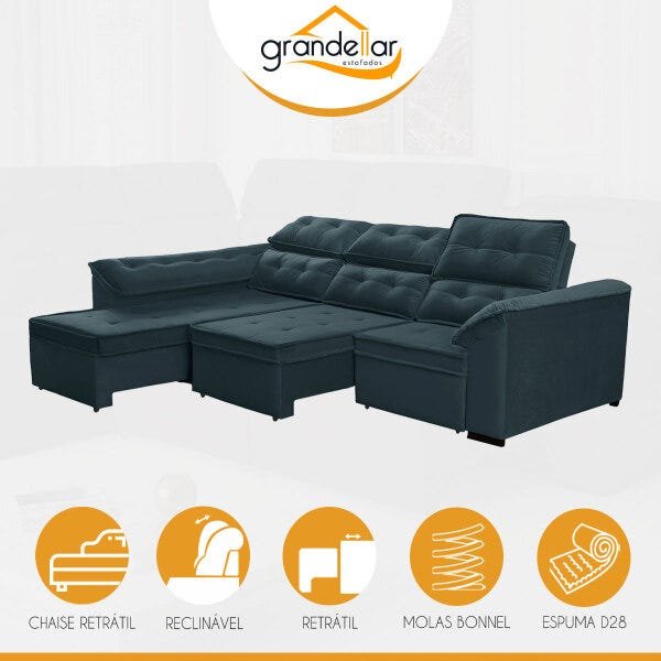 Sofá Canto Chaise e Retrátil 2,95M x 2,35M Mola Bonnel Pillow D28 Dallas Veludo Azul - Grandellar - 4