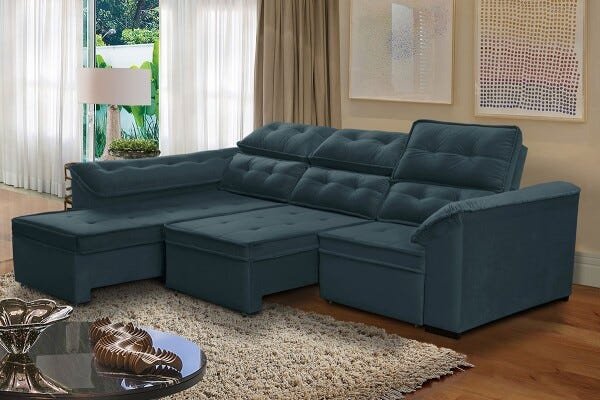 Sofá Canto Chaise e Retrátil 2,95M x 2,35M Mola Bonnel Pillow D28 Dallas Veludo Azul - Grandellar - 1