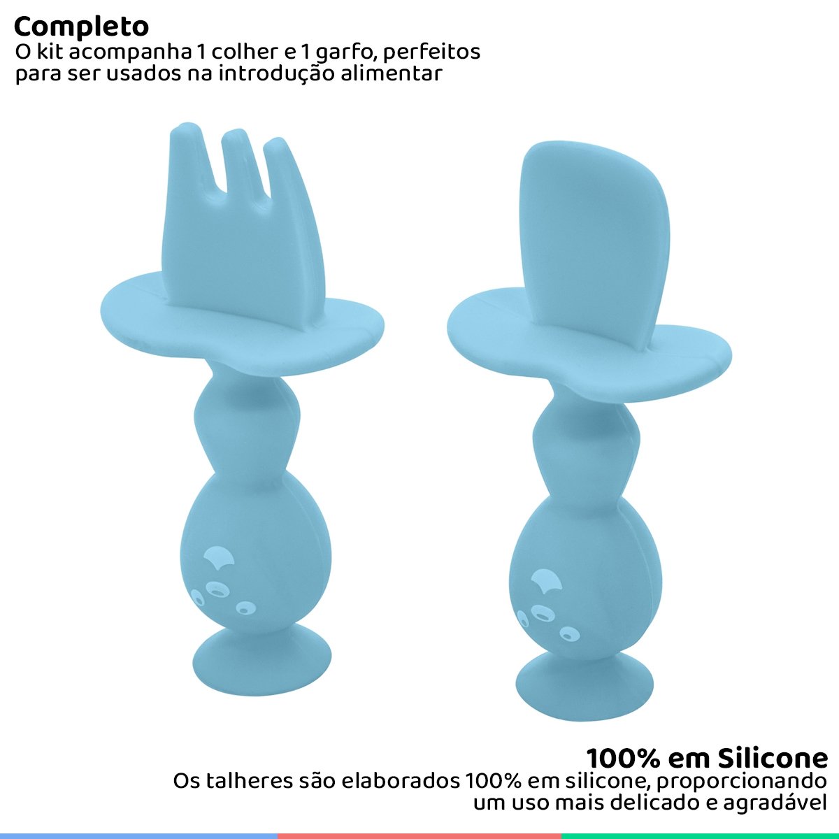 Kit Talher Colher e Garfo De Treinamento Silicone Infantil Para Bebê Kababy - Azul - 2