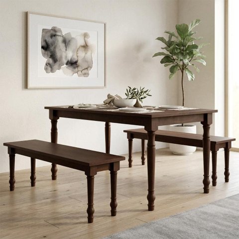 Mesa de Jantar 6 Lugares 160cm com 02 Bancos de Madeira Maciça Lazuli F06 Café - Lyam Decor