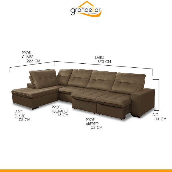 Sofá Canto Chaise 3,70M x 2,23M Retrátil Duplo Molejo Pillow Marselha Veludo Bege Escuro - Grandellar - 3