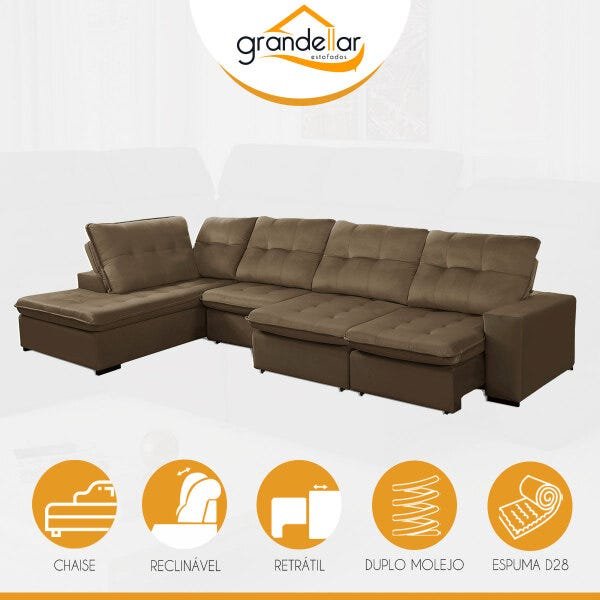 Sofá Canto Chaise 3,70M x 2,23M Retrátil Duplo Molejo Pillow Marselha Veludo Bege Escuro - Grandellar - 4